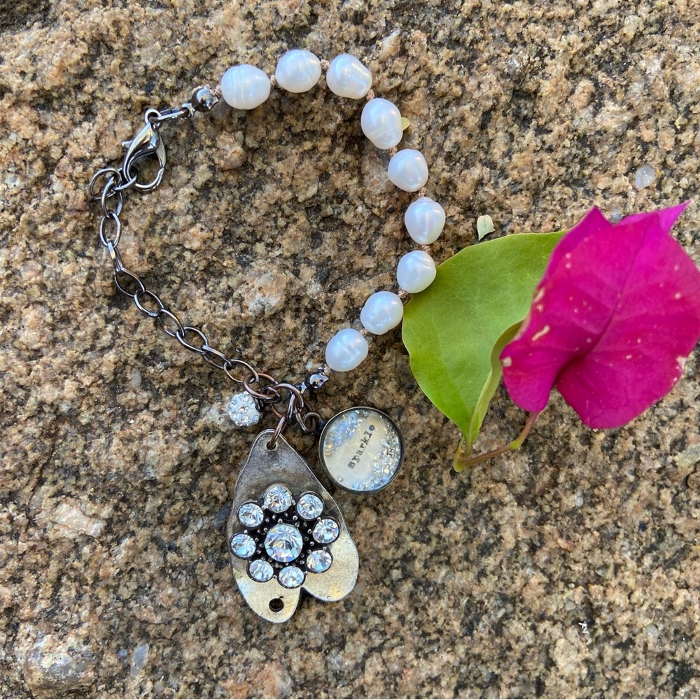 Pearl and Silver Charm Bracelet Crystal + Sparkle Charm